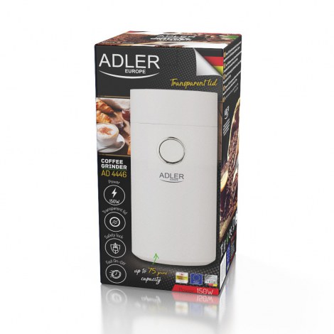 Adler | AD 4446ws | Coffee Mill | 150 W | Coffee beans capacity 75 g | Number of cups pc(s) | White - 9